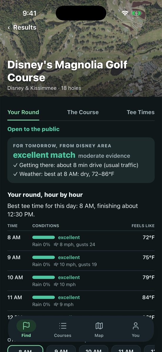 A course screen: excellent match, about 8 minutes' drive, best tee time 8 AM, and the weather hour by hour.