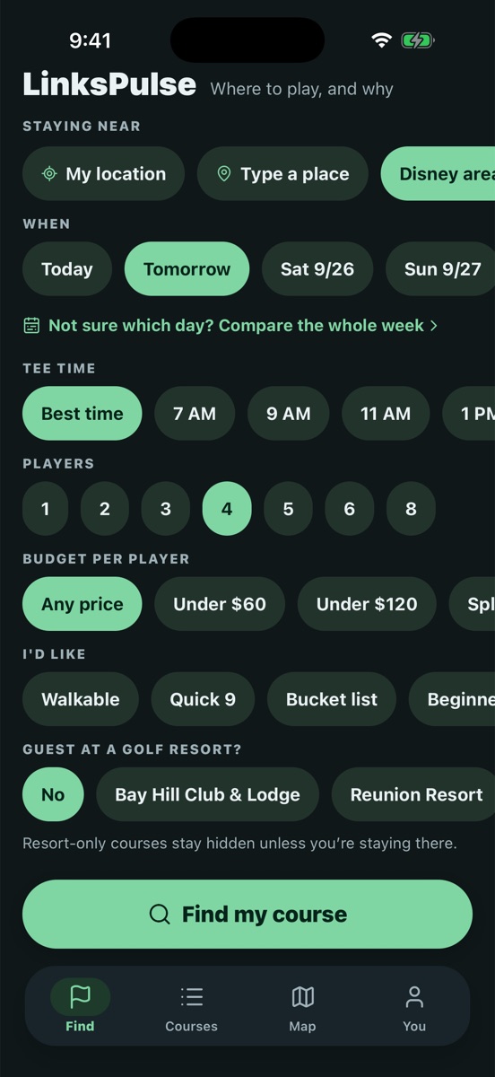 The Find screen: staying near Disney area, tomorrow, best tee time, four players, any price.